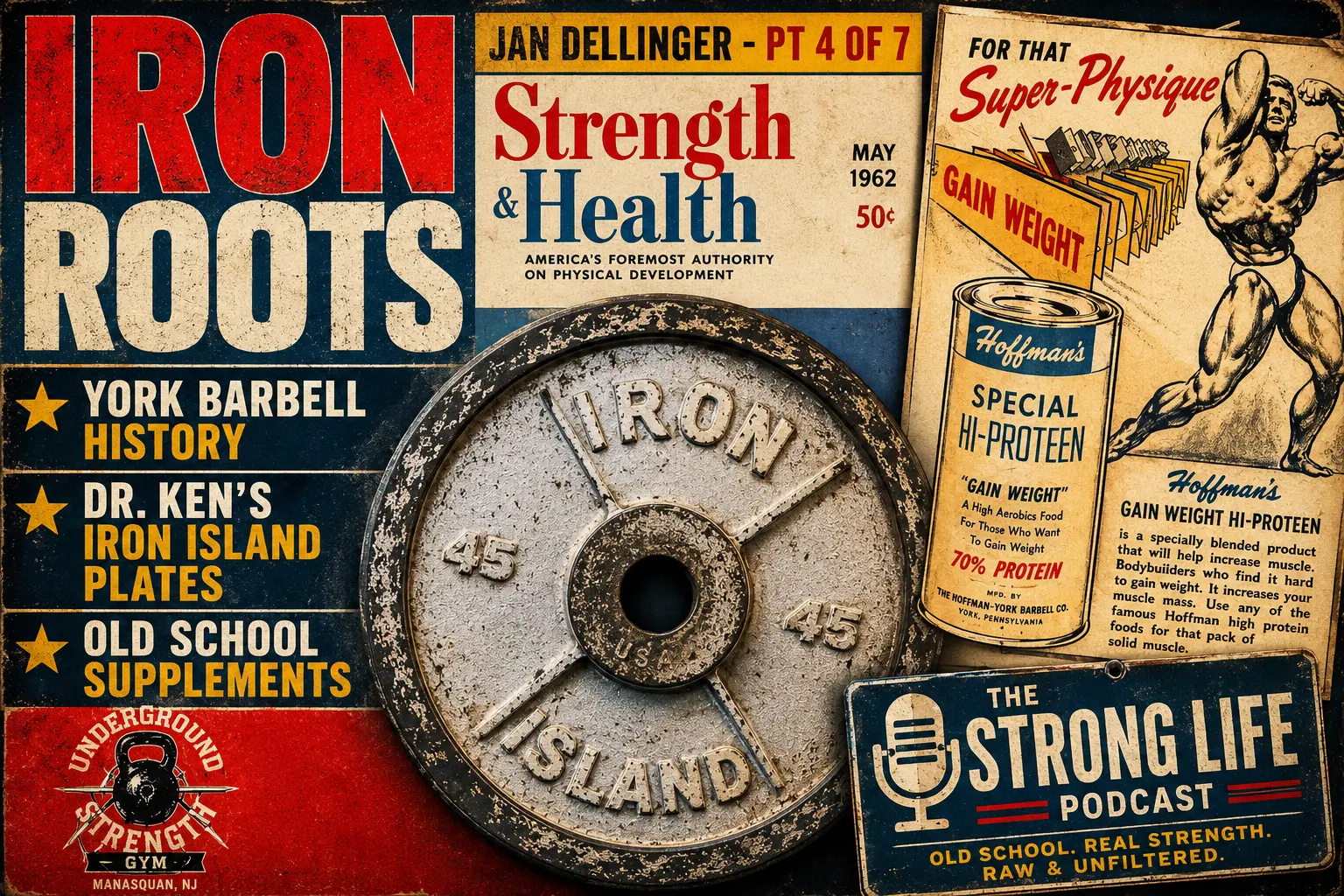 Iron Roots artwork featuring Dr. Ken's Iron Island plates and old-school strength history
